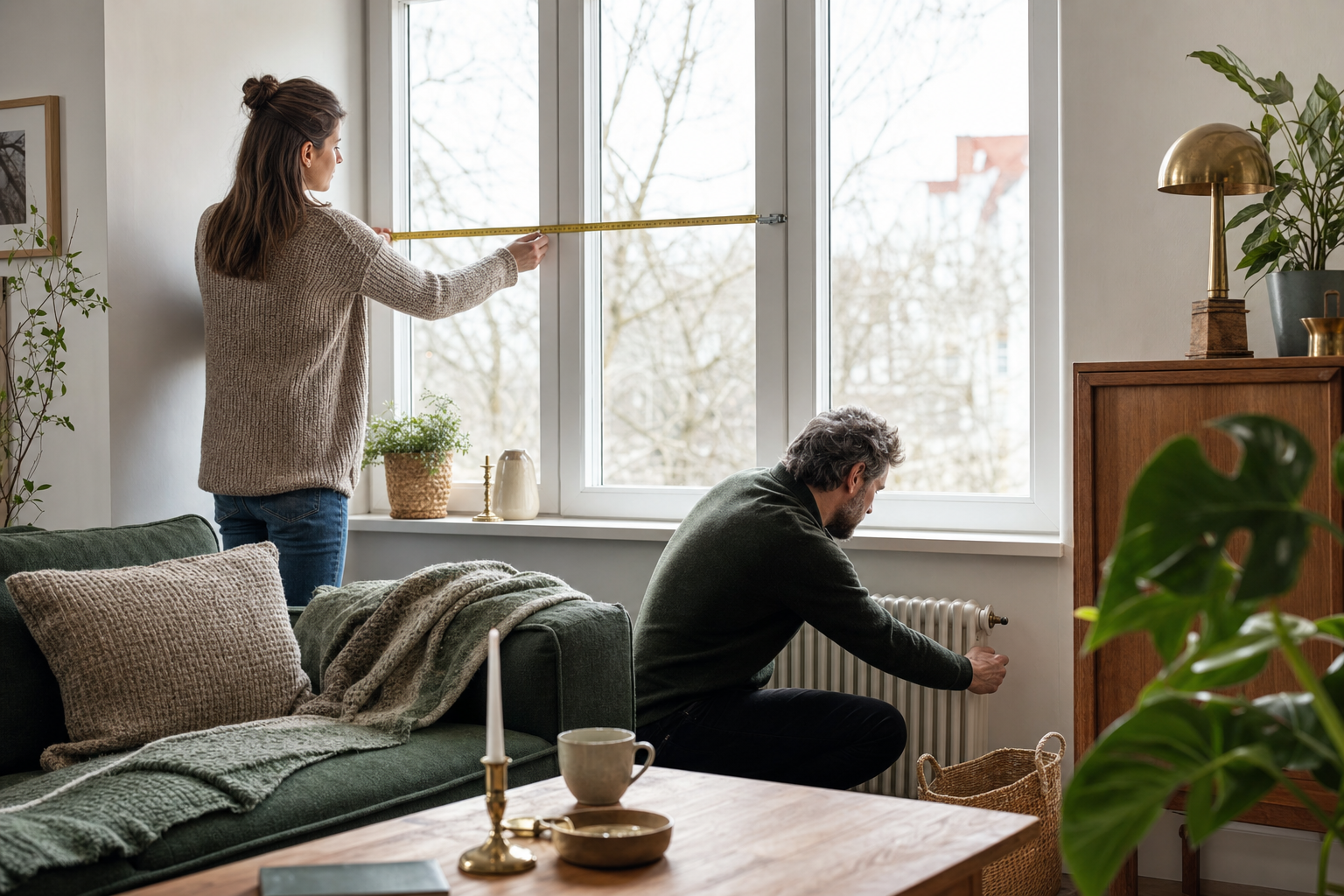 Zwei Personen prüfen in einem hellen Wohnzimmer Fenstermaß und Heizkörperthermostat