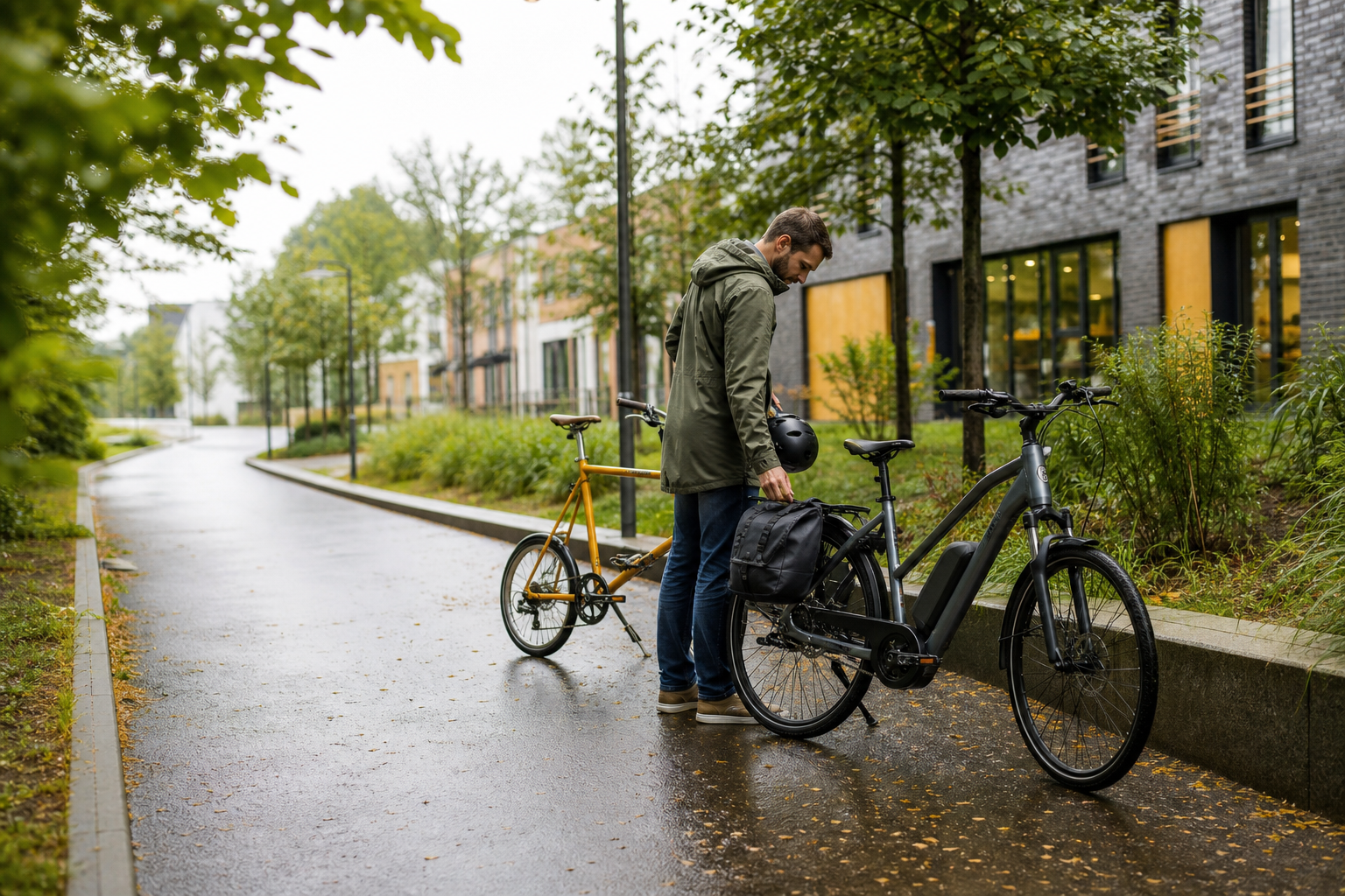 Pendler prüft ein E-Bike mit Packtasche neben einem klassischen Fahrrad auf einem grünen Stadtweg